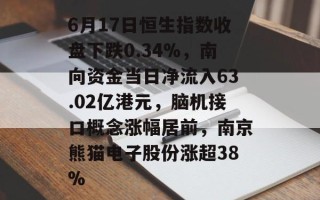6月17日恒生指数收盘下跌0.34%，南向资金当日净流入63.02亿港元，脑机接口概念涨幅居前，南京熊猫电子股份涨超38%