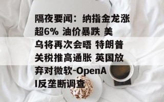 隔夜要闻：纳指金龙涨超6% 油价暴跌 美乌将再次会晤 特朗普关税推高通胀 英国放弃对微软-OpenAI反垄断调查