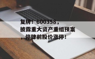 复牌！600358，披露重大资产重组预案，停牌前股价涨停！