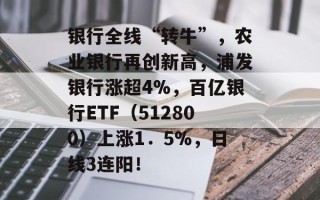 银行全线“转牛”，农业银行再创新高，浦发银行涨超4%，百亿银行ETF（512800）上涨1．5%，日线3连阳！