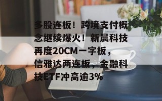 多股连板！跨境支付概念继续爆火！新晨科技再度20CM一字板，信雅达两连板，金融科技ETF冲高逾3%