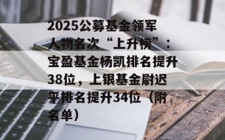 2025公募基金领军人物名次“上升榜”：宝盈基金杨凯排名提升38位，上银基金尉迟平排名提升34位（附名单）