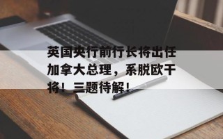 英国央行前行长将出任加拿大总理，系脱欧干将！三题待解！