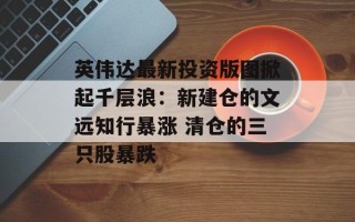 英伟达最新投资版图掀起千层浪：新建仓的文远知行暴涨 清仓的三只股暴跌