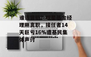 谁该背锅？明星基金经理刚离职，接任者14天巨亏16%遭基民集体声讨
