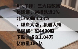 A股午评：三大指数集体调整，创指跌近1%北证50跌3.23%，煤炭大涨，机器人概念调整！超4400股下跌，成交1.04万亿放量185亿